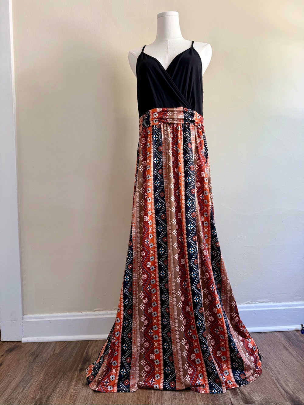 Black & Rust Patterned Maxi Dress with Spaghetti Straps